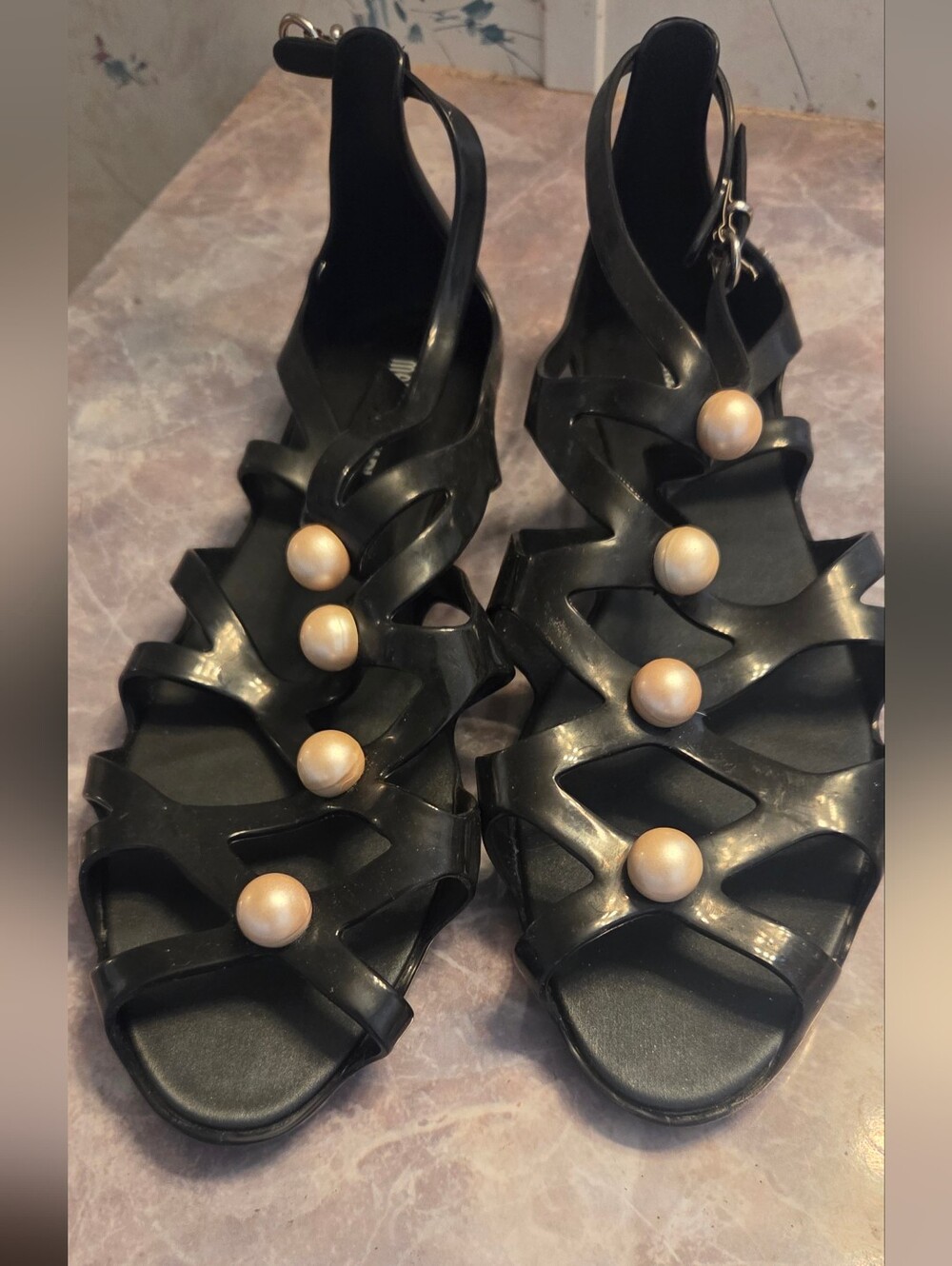 Melissa Black Sandals with Pearl Buttons
